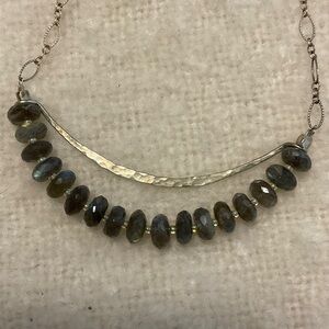 Silver Bar Necklace with grayish quartz Beads 18” with extension possible.
